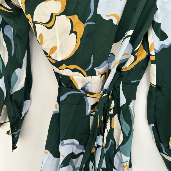 Reformation Chrisley Wrap Silk Mini Dress Lyra Green Floral V-Neck Long Sleeve - Picture 10 of 12